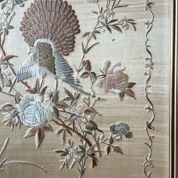 Antique Chinese Silk Bird Floral Flower Wood Frame  Embroidery - Picture 5 of 8